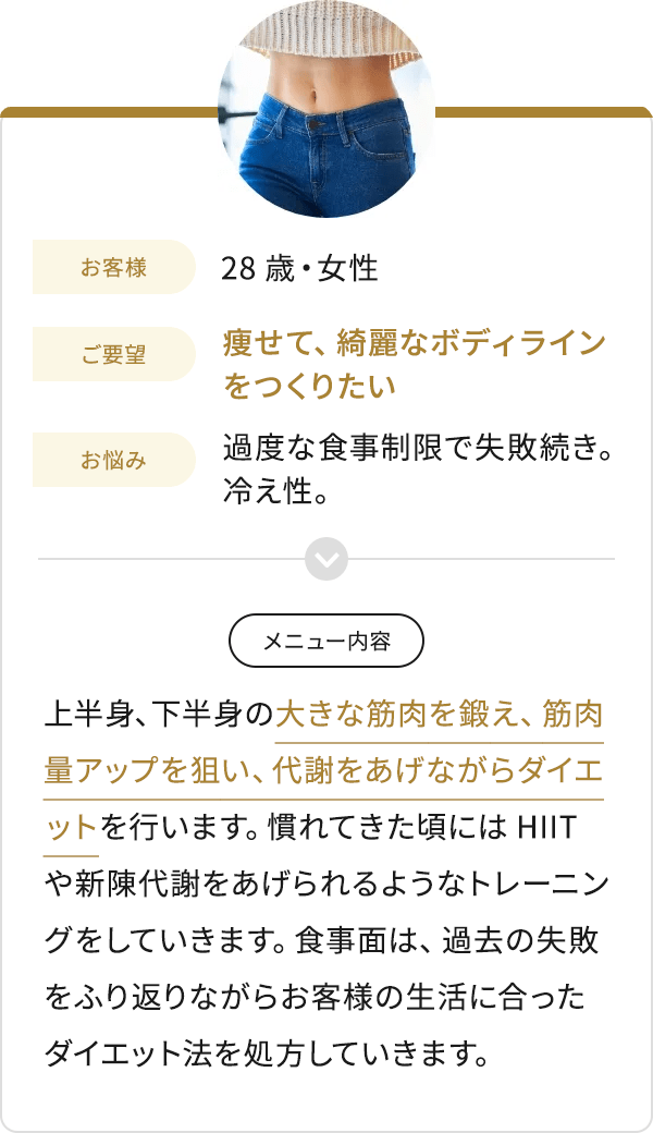 お客様 28歳・女性 ご要望 痩せて、綺麗なボディラインをつくりたい お悩み 過度な食事制限で失敗続き。冷え性。 メニュー内容 上半身、下半身の大きな筋肉を鍛え、筋肉量アップを狙い、代謝をあげながらダイエットを行います。慣れてきた頃にはHIITや新陳代謝をあげられるようなトレーニングをしていきます。食事面は、過去の失敗をふり返りながらお客様の生活に合ったダイエット法を処方していきます。