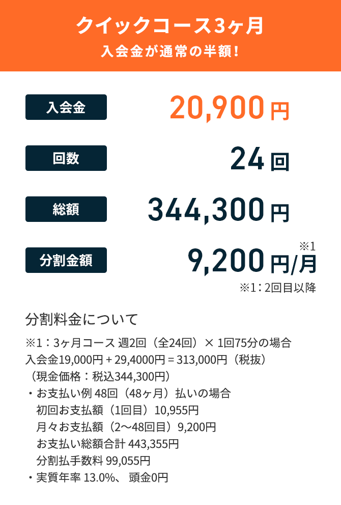 クイックコース3ヶ月 入会金が通常の半額！ 入会金:20,900円 回数:24回 総額:344,300円 分割金額:9,200円/月※1 ※1：2回目以降