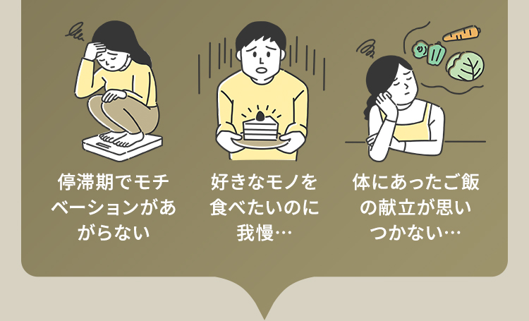 停滞期でモチベーションがあがらない 好きなモノを食べたいのに我慢… 体にあったご飯の献立が思いつかない…