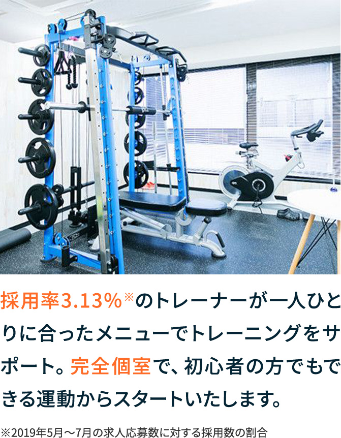 採用率3.13％※のトレーナーが一人ひとりに合ったメニューでトレーニングをサポート。完全個室で、初心者の方でもできる運動からスタートいたします。※2019年5月～7月の求人応募数に対する採用数の割合